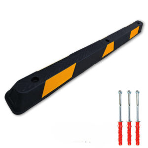 A black parking wheel stop with textured surface and bold yellow diagonal reflective stripes, used to indicate parking boundaries when parking a vehicle in a parking space.