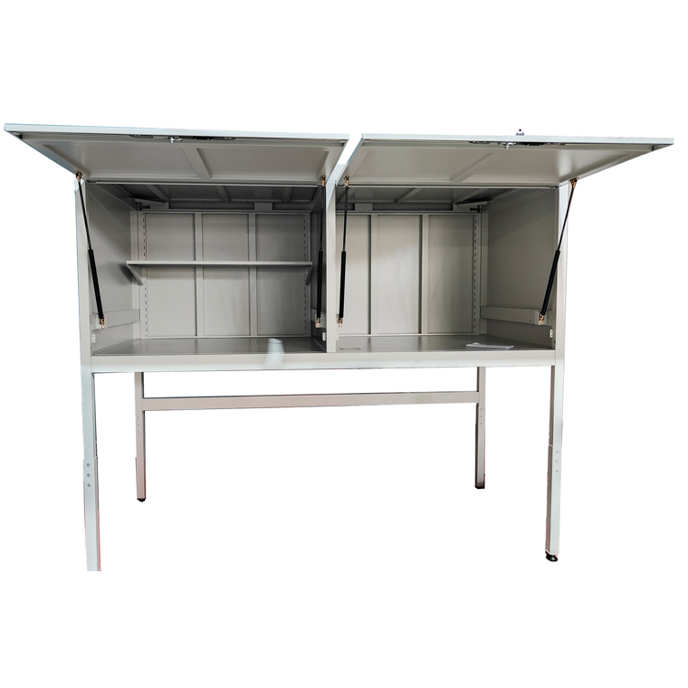 A large metal storage box with two top compartments open, revealing interior shelves and storage space, supported by hydraulic arms.