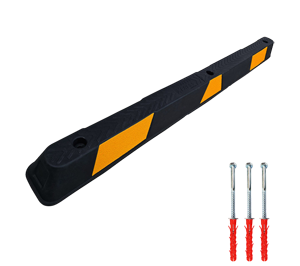 Black and yellow parking curb with three metal bolts and red plastic anchors for installation, displayed on a white background—an ideal complement to metal storage cabinets or other strata-approved storage solutions.